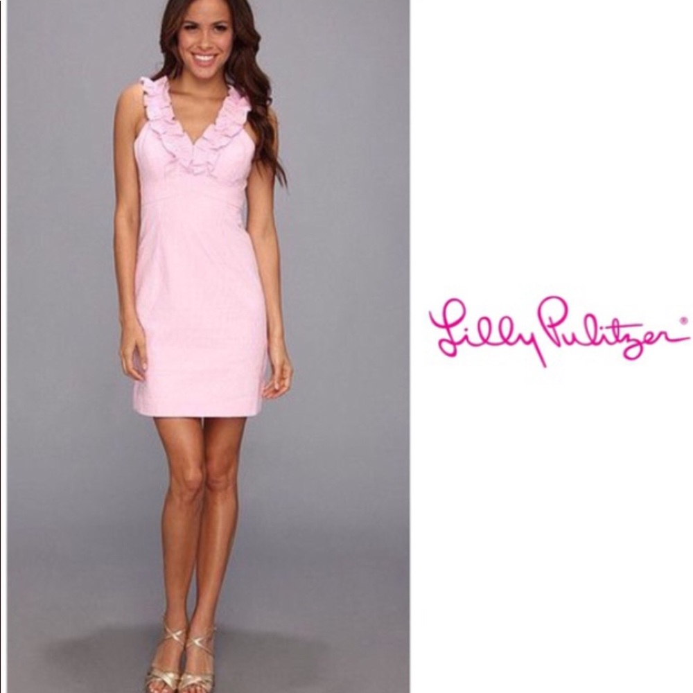 Women's Lilly Pulitzer Phoebe Seersucker Pinstripe Pink Ruffle Dress Size 4